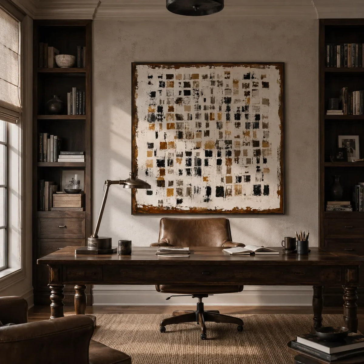 Amber Mosaic Abstract Wall Art shown in a calm bedroom setting | Olyrel
