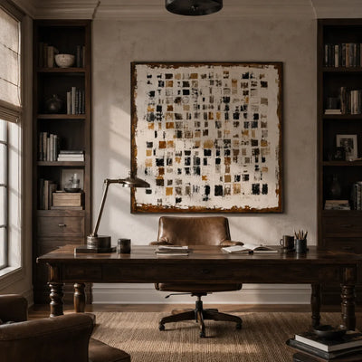 Amber Mosaic Abstract Wall Art shown in a calm bedroom setting | Olyrel