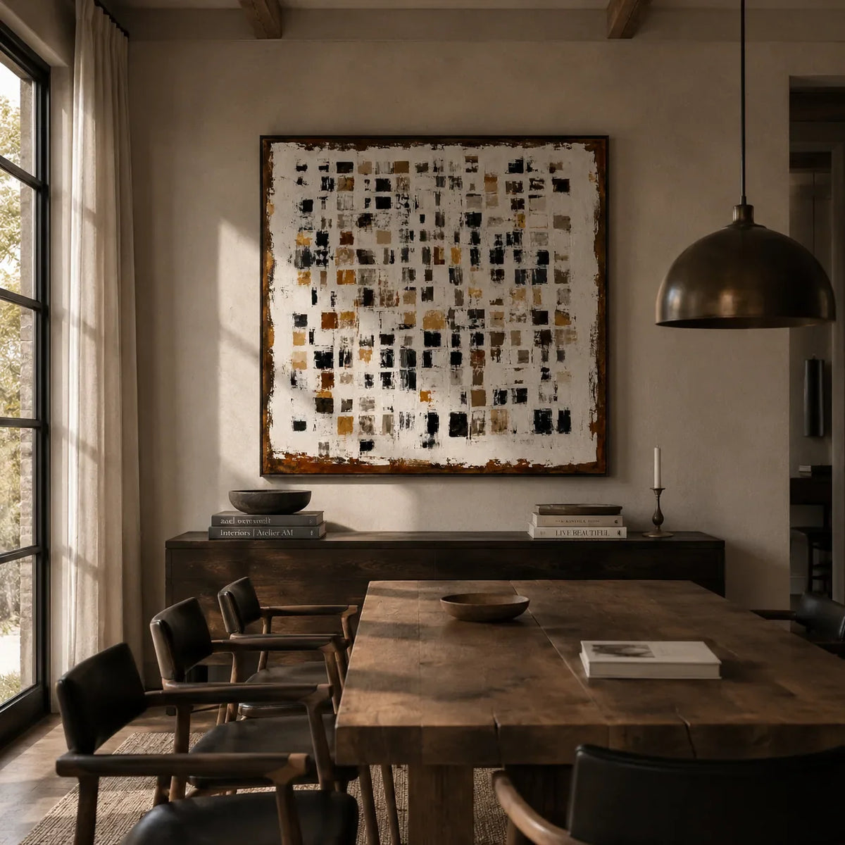 Amber Mosaic Abstract Wall Art displayed in a bright dining room | Olyrel
