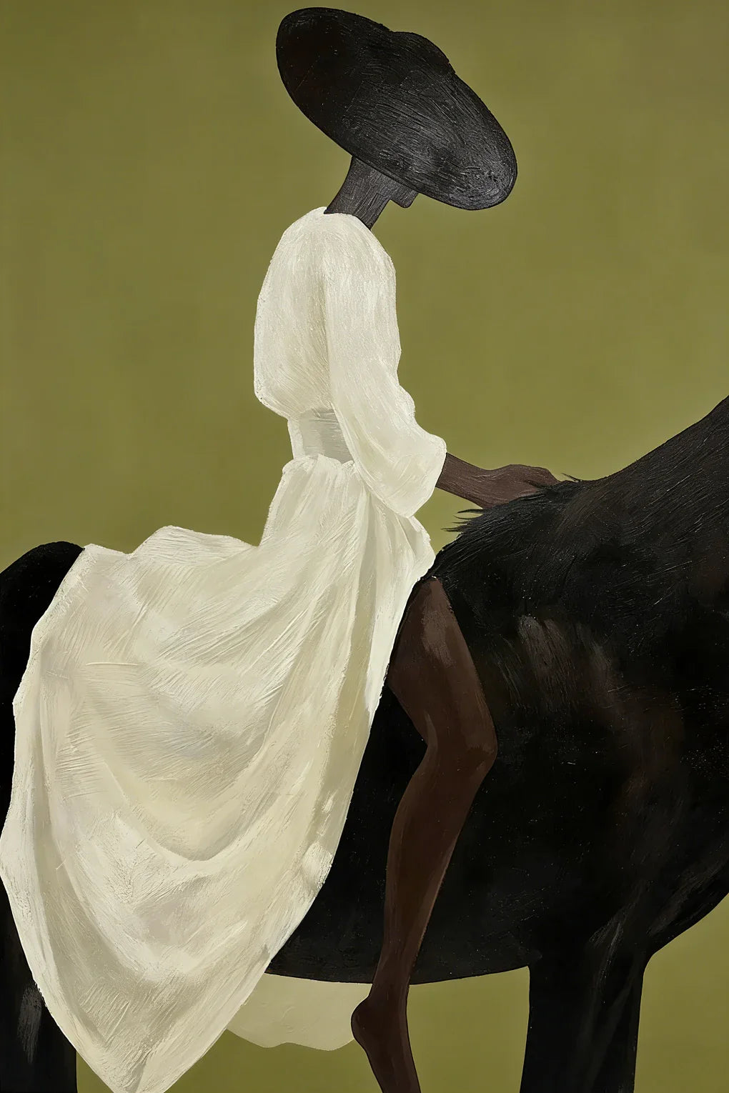 Lady in White on Black Horse Wall Art artwork view | Olyrel