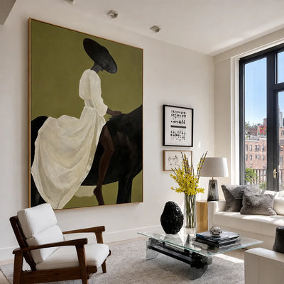 Lady in White on Black Horse Wall Art styled interior scene 1 | Olyrel