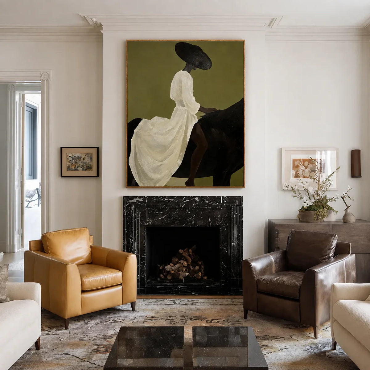 Lady in White on Black Horse Wall Art styled interior scene 3 | Olyrel