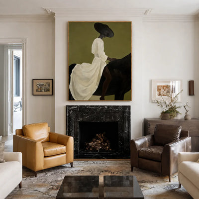 Lady in White on Black Horse Wall Art styled interior scene 3 | Olyrel