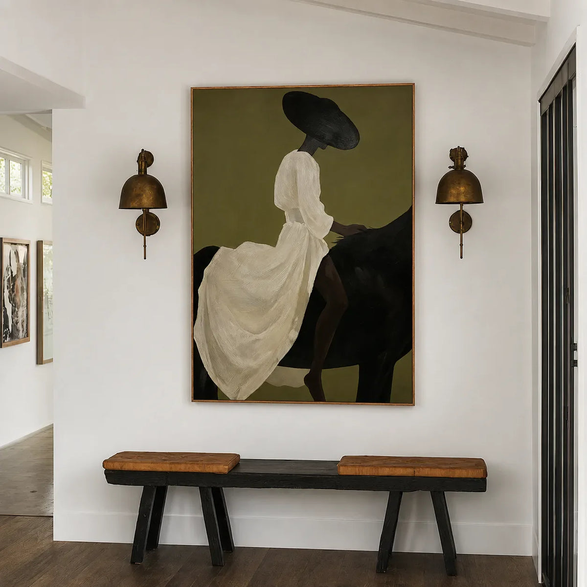 Lady in White on Black Horse Wall Art styled interior scene 5 | Olyrel