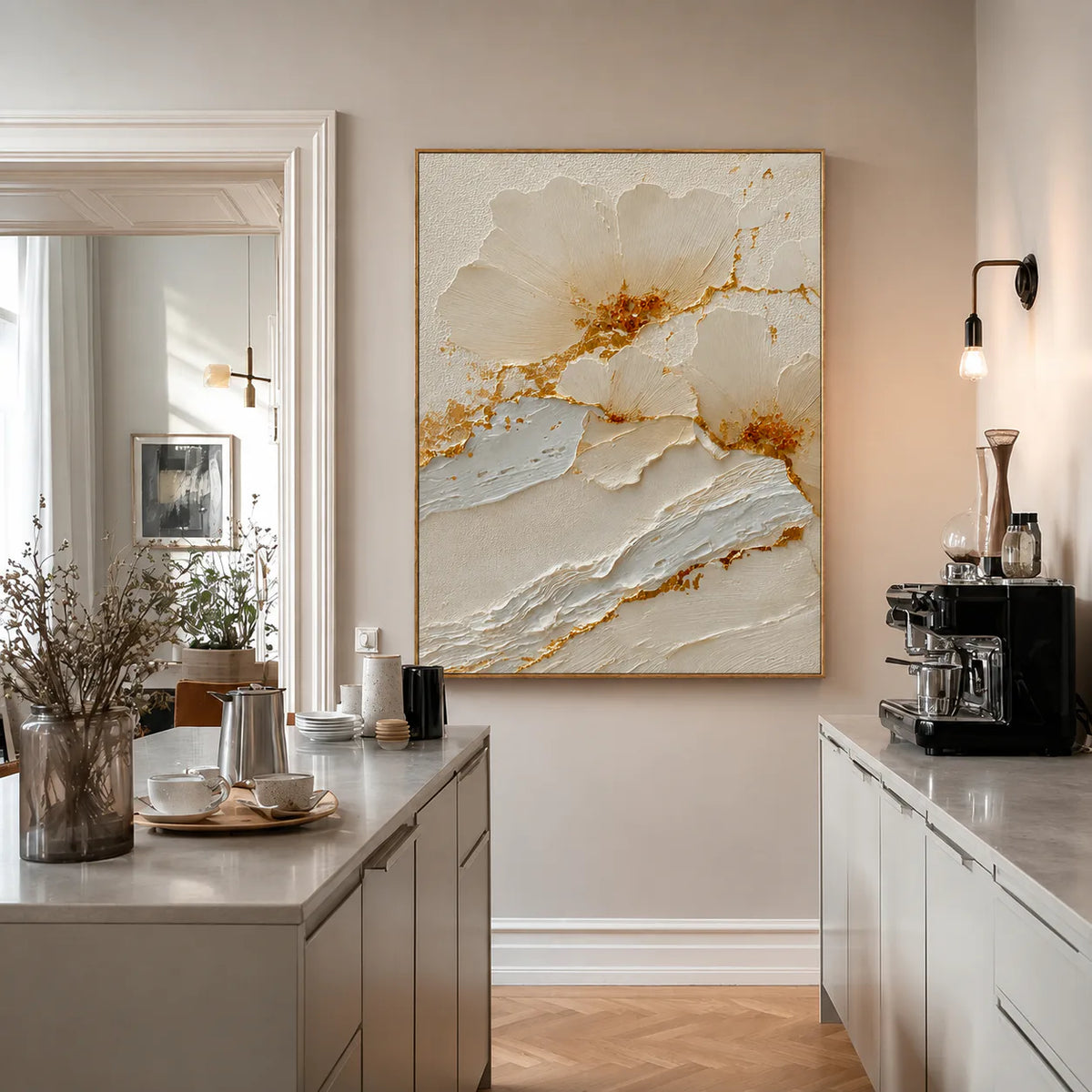 Gilded Petals White Relief Wall Art styled interior scene 2 | Olyrel