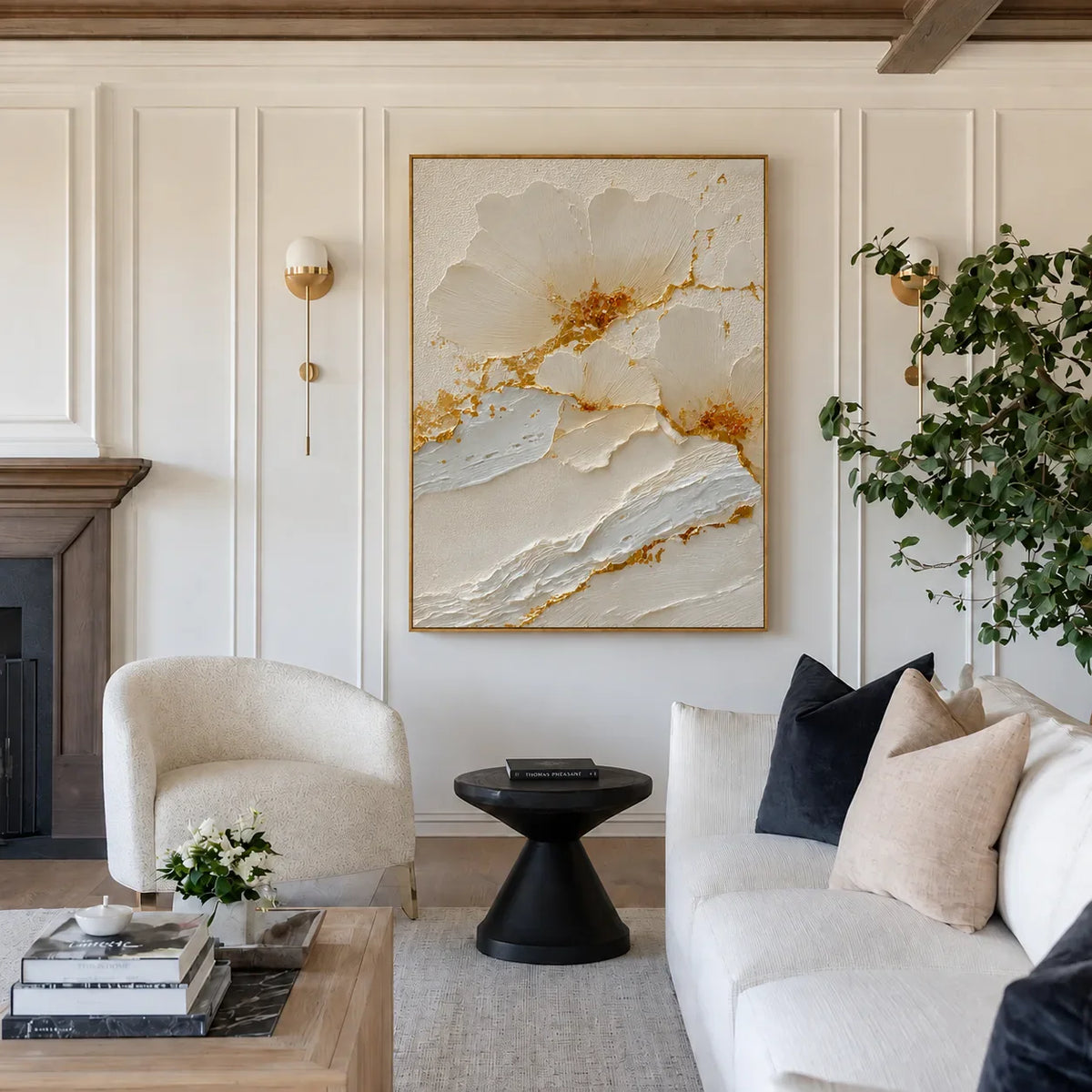 Gilded Petals White Relief Wall Art styled interior scene 5 | Olyrel