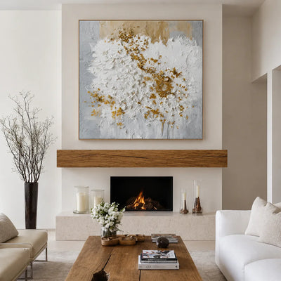Golden Blossom White Textured Wall Art styled interior scene 2 | Olyrel