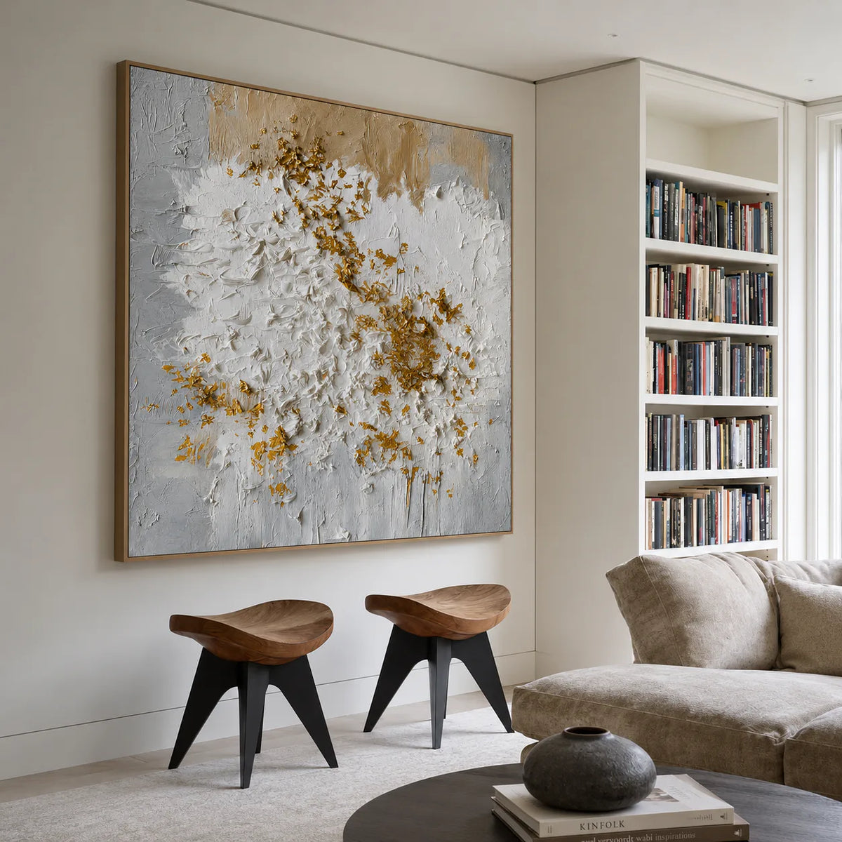 Golden Blossom White Textured Wall Art styled interior scene 3 | Olyrel