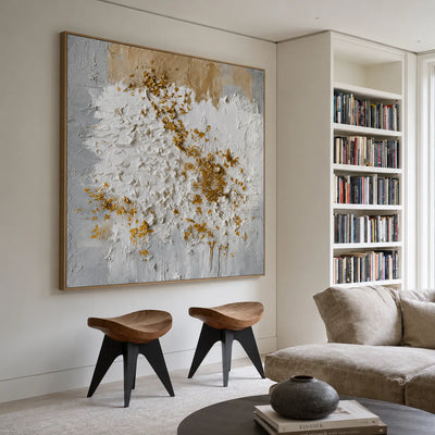 Golden Blossom White Textured Wall Art styled interior scene 3 | Olyrel
