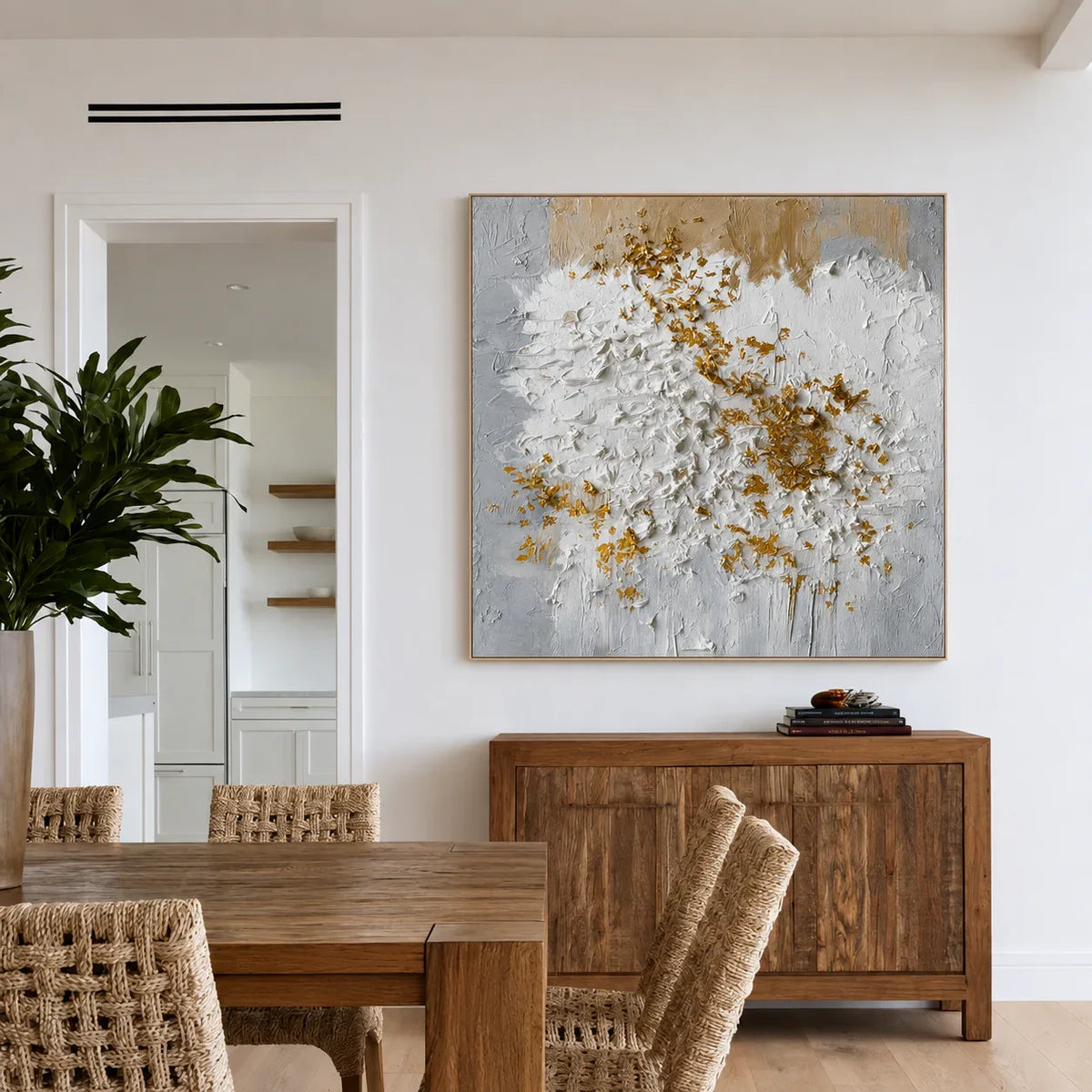 Golden Blossom White Textured Wall Art styled interior scene 4 | Olyrel