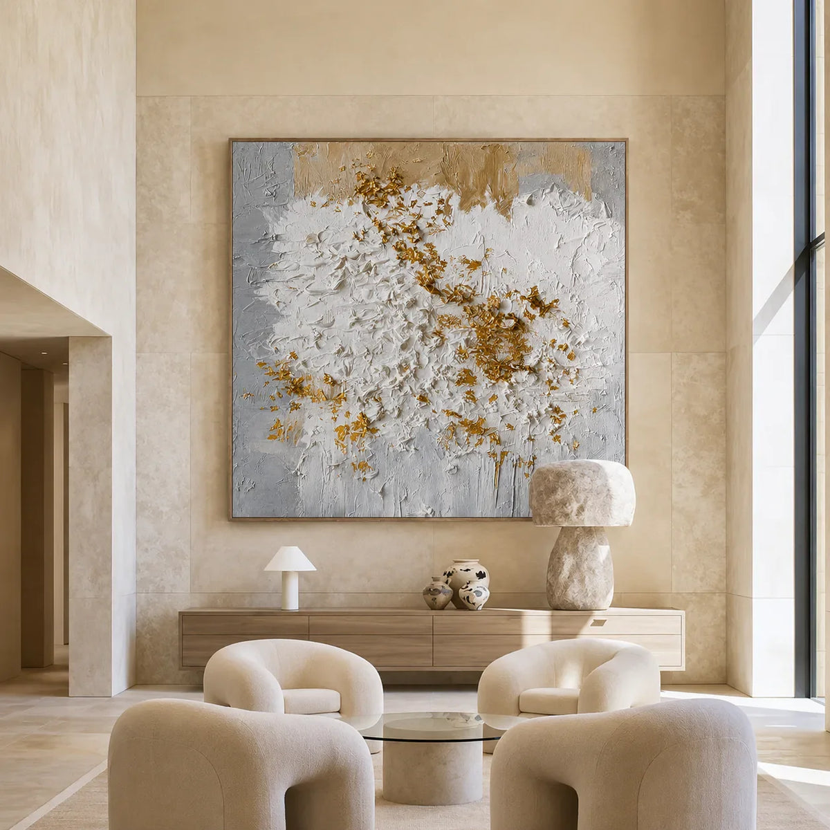Golden Blossom White Textured Wall Art styled interior scene 5 | Olyrel