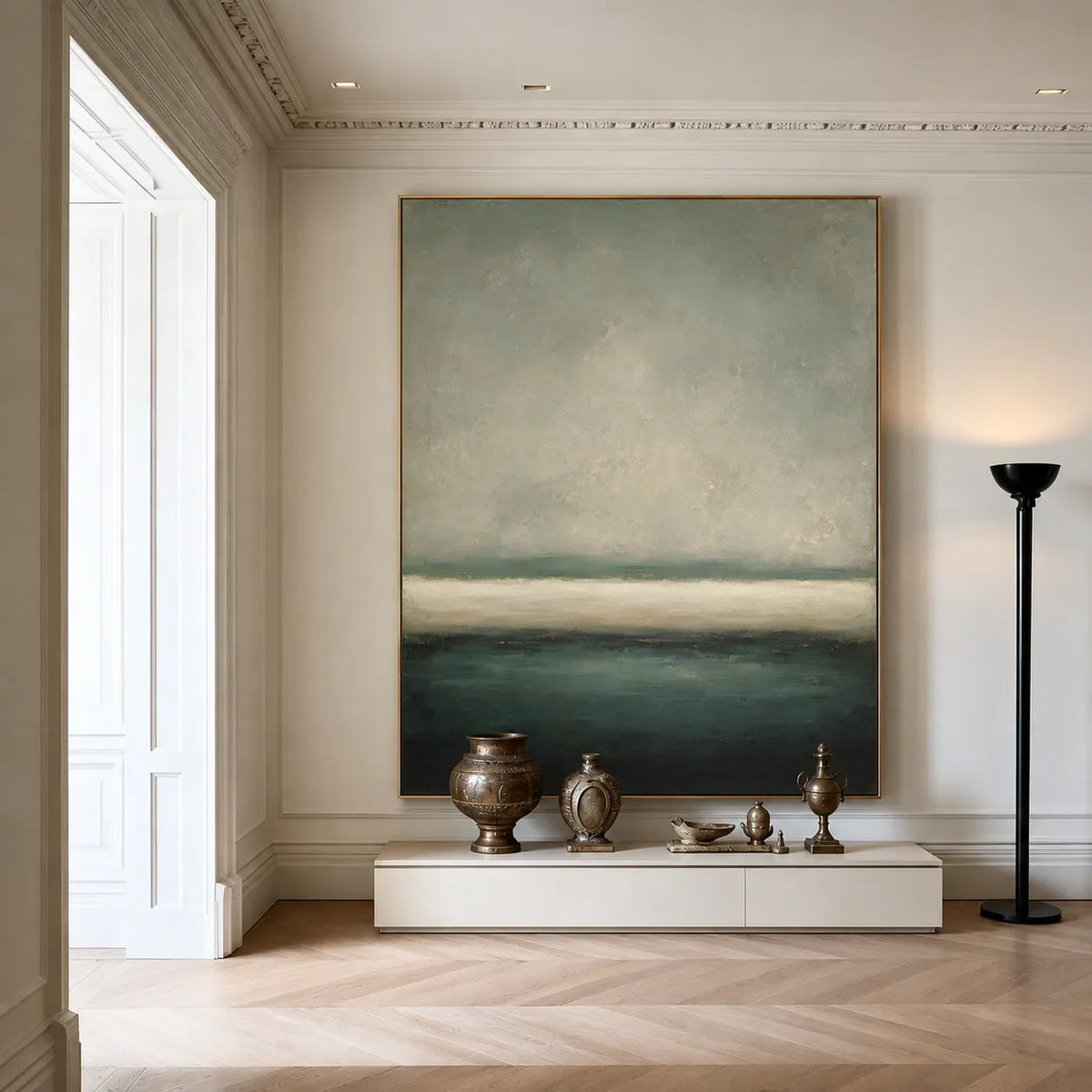 Deep Green Horizon Abstract Wall Art styled interior scene 2 | Olyrel