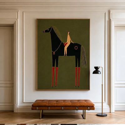 Olive Horse and Rider Folk Wall Art styled interior scene 1 | Olyrel