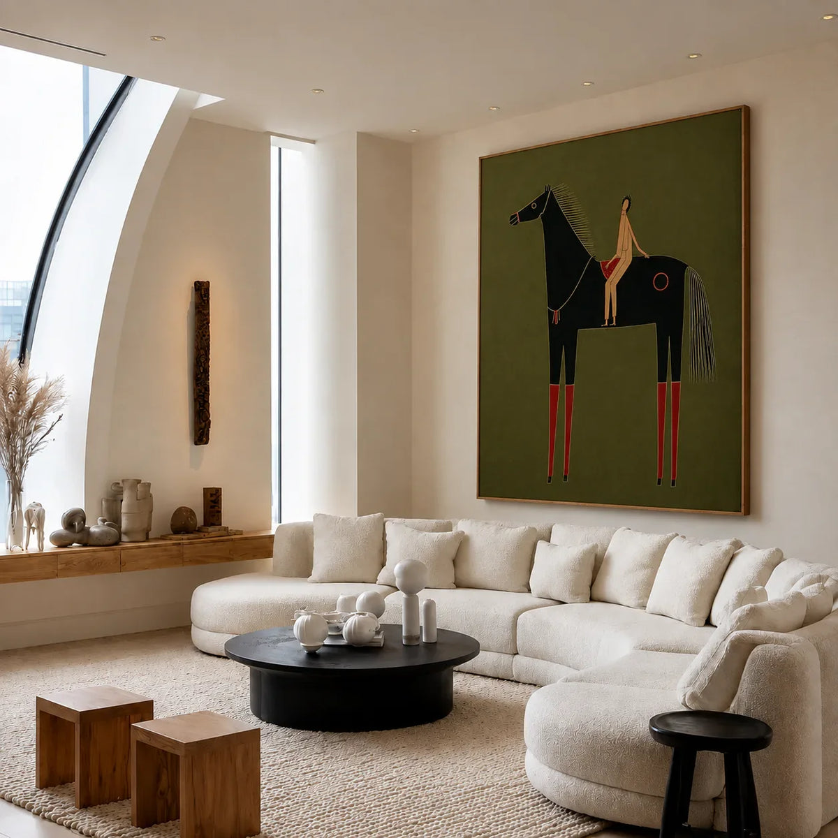 Olive Horse and Rider Folk Wall Art styled interior scene 4 | Olyrel