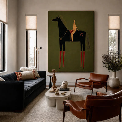 Olive Horse and Rider Folk Wall Art styled interior scene 5 | Olyrel
