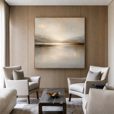Luminous Gold Horizon and Misty Mountains Wall Art styled interior scene 3 | Olyrel