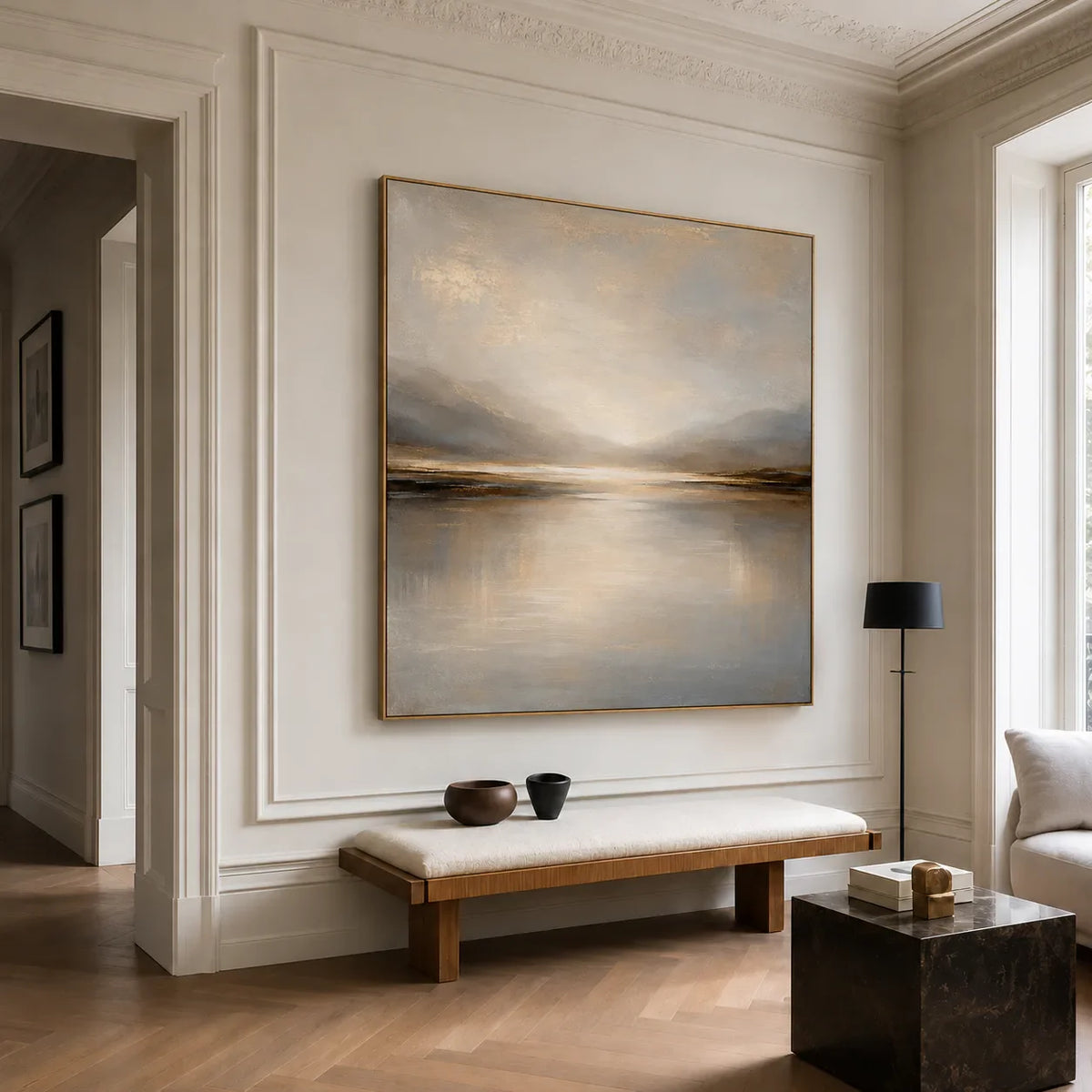 Luminous Gold Horizon and Misty Mountains Wall Art styled interior scene 5 | Olyrel