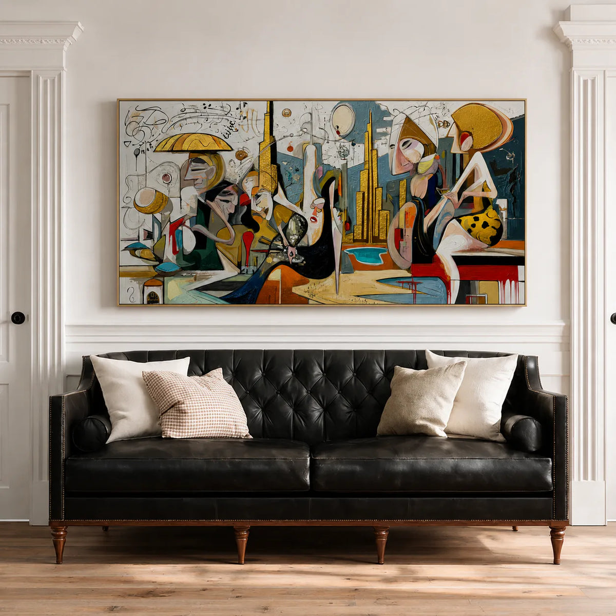 Lively Gathering Panoramic Wall Art styled interior scene 2 | Olyrel