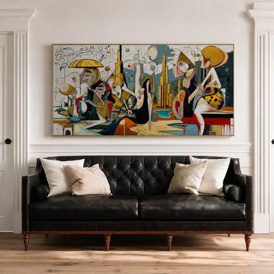 Lively Gathering Panoramic Wall Art styled interior scene 2 | Olyrel