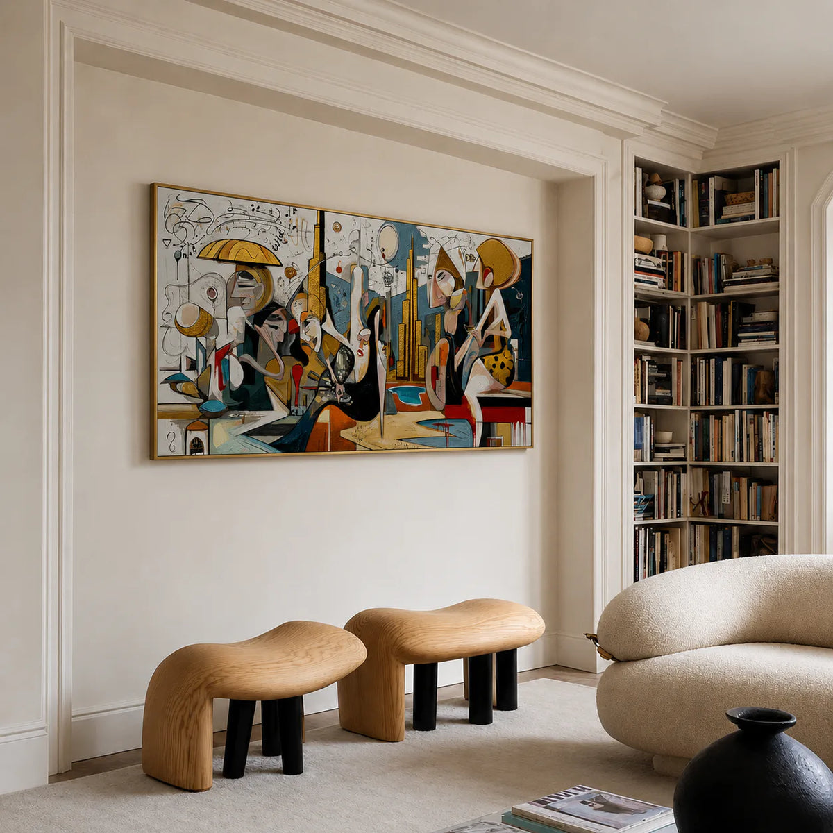 Lively Gathering Panoramic Wall Art styled interior scene 3 | Olyrel