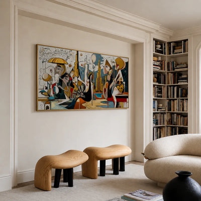 Lively Gathering Panoramic Wall Art styled interior scene 3 | Olyrel