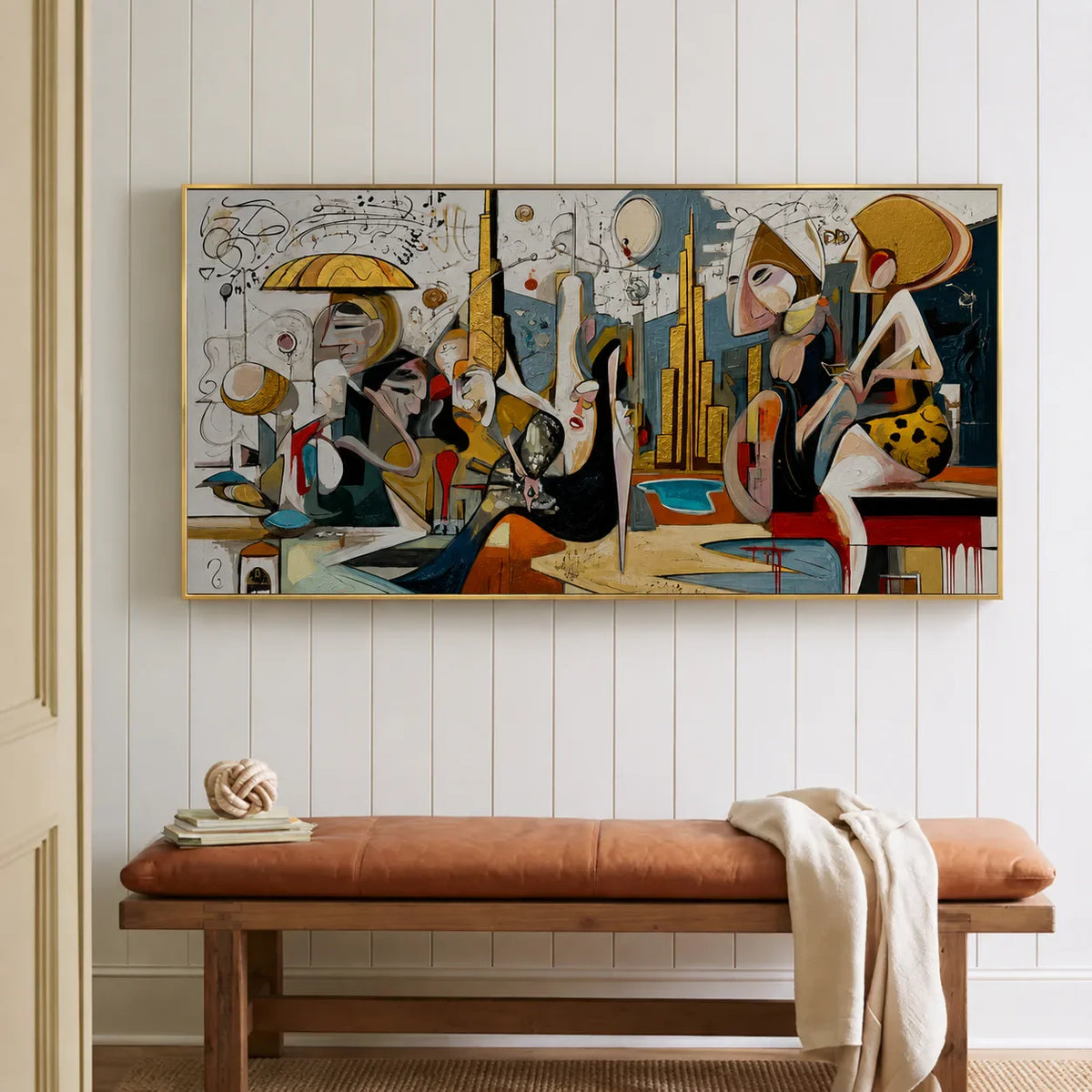 Lively Gathering Panoramic Wall Art styled interior scene 4 | Olyrel
