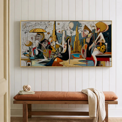 Lively Gathering Panoramic Wall Art styled interior scene 4 | Olyrel
