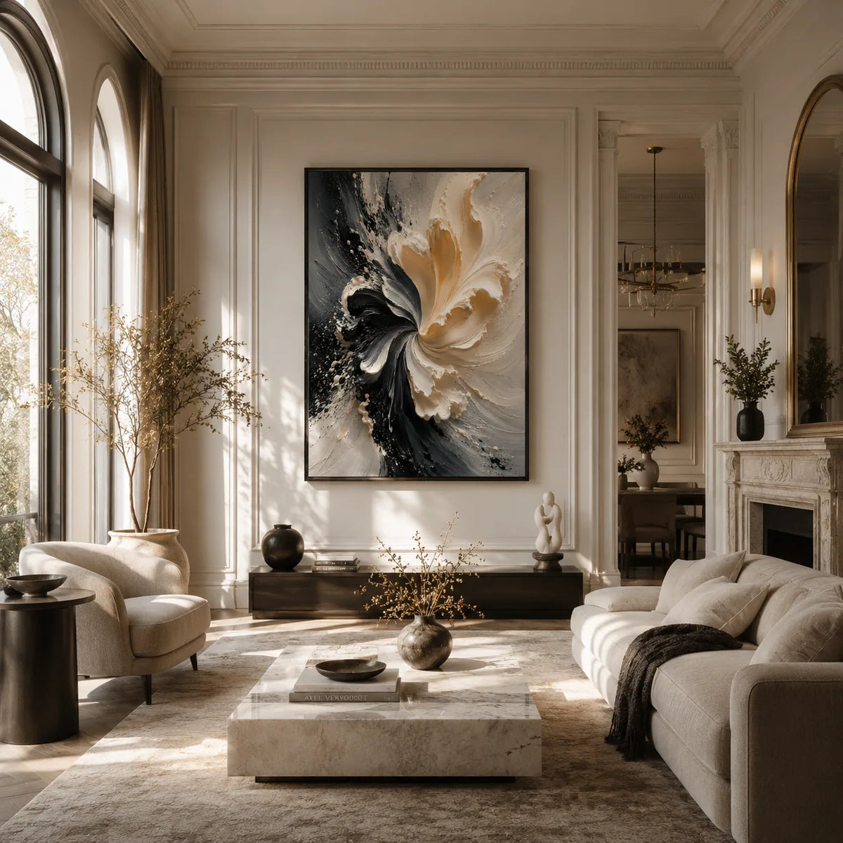 Ivory Bloom Textured Wall Art styled in a modern living room | Olyrel