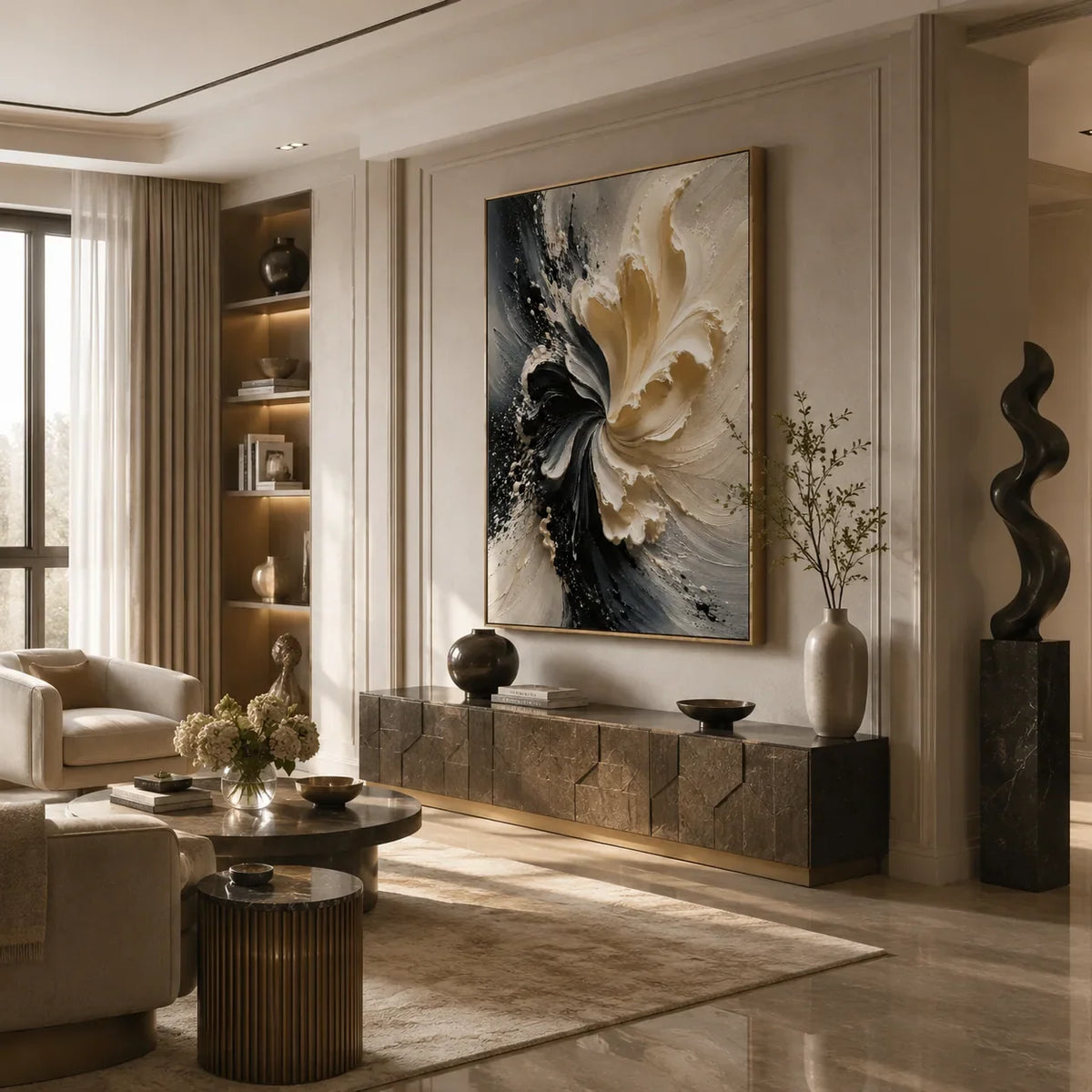 Ivory Bloom Textured Wall Art styled in a modern living room | Olyrel