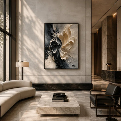 Ivory Bloom Textured Wall Art shown in a quiet home office | Olyrel