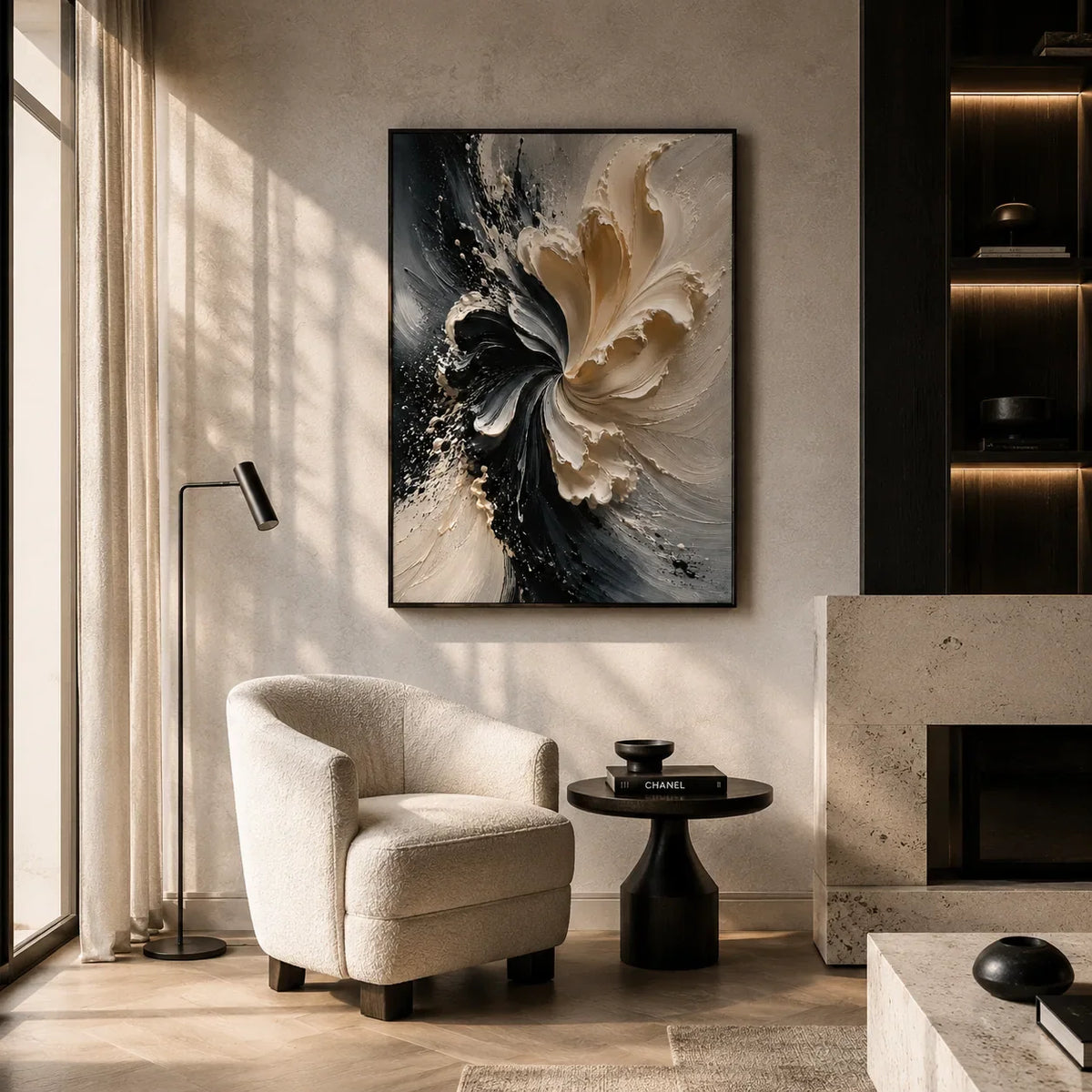Ivory Bloom Textured Wall Art styled with minimal interior decor | Olyrel