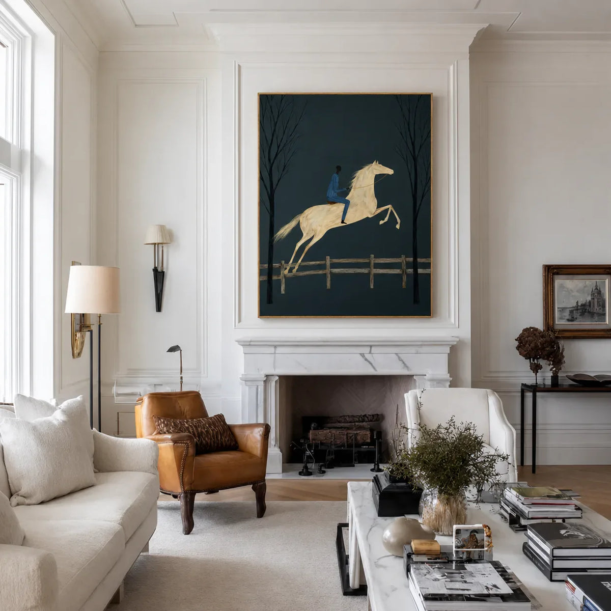 Midnight Rider White Horse Wall Art styled interior scene 3 | Olyrel