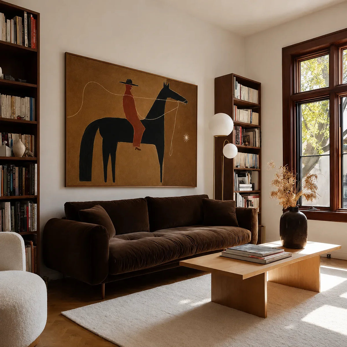 Ochre Trail Rider Folk Wall Art styled interior scene 1 | Olyrel