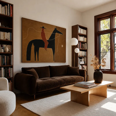 Ochre Trail Rider Folk Wall Art styled interior scene 1 | Olyrel