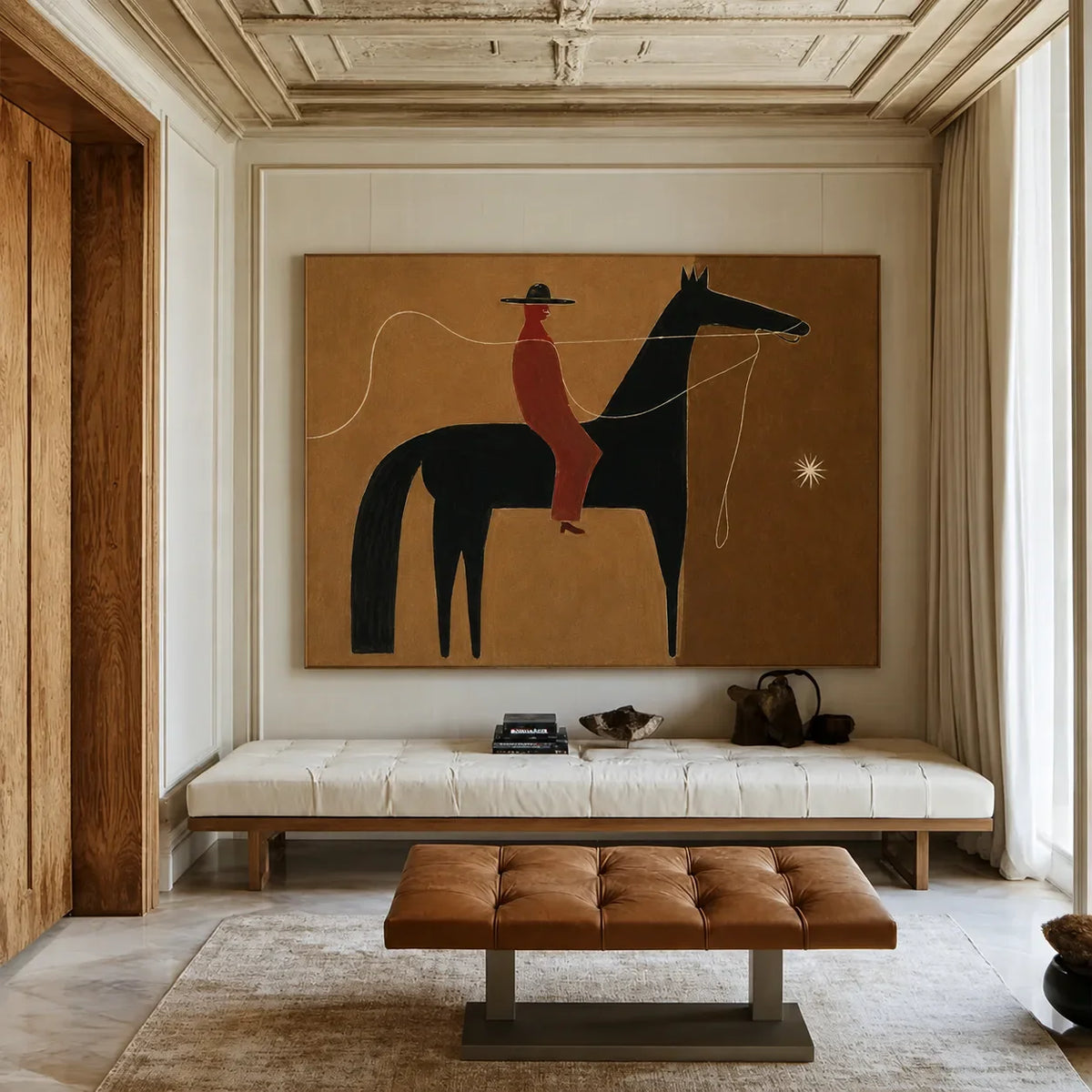 Ochre Trail Rider Folk Wall Art styled interior scene 2 | Olyrel
