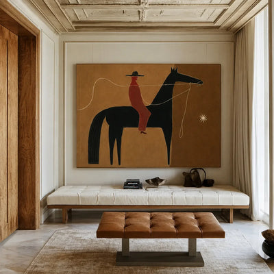 Ochre Trail Rider Folk Wall Art styled interior scene 2 | Olyrel