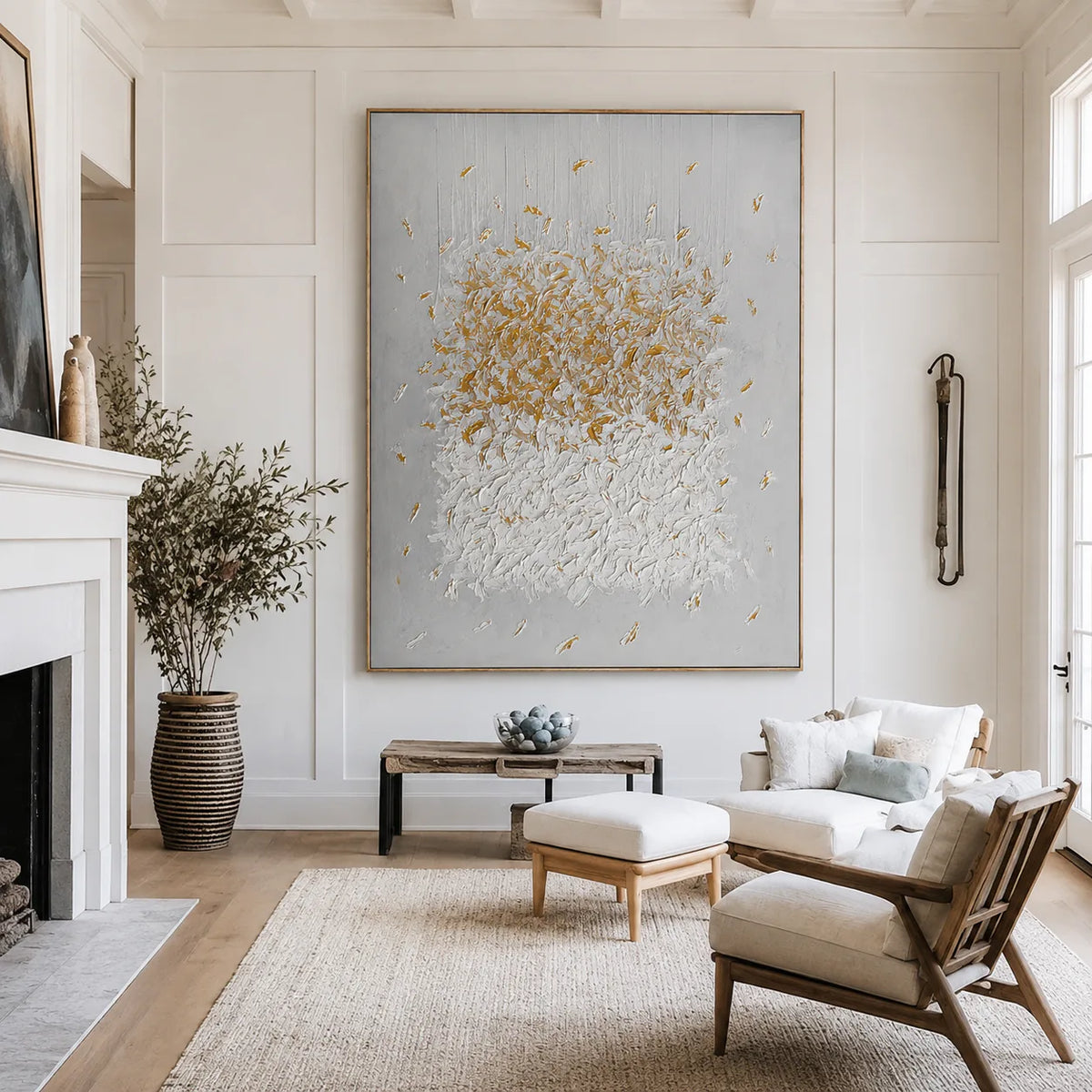 Gilded Bloom White Textured Wall Art styled interior scene 1 | Olyrel