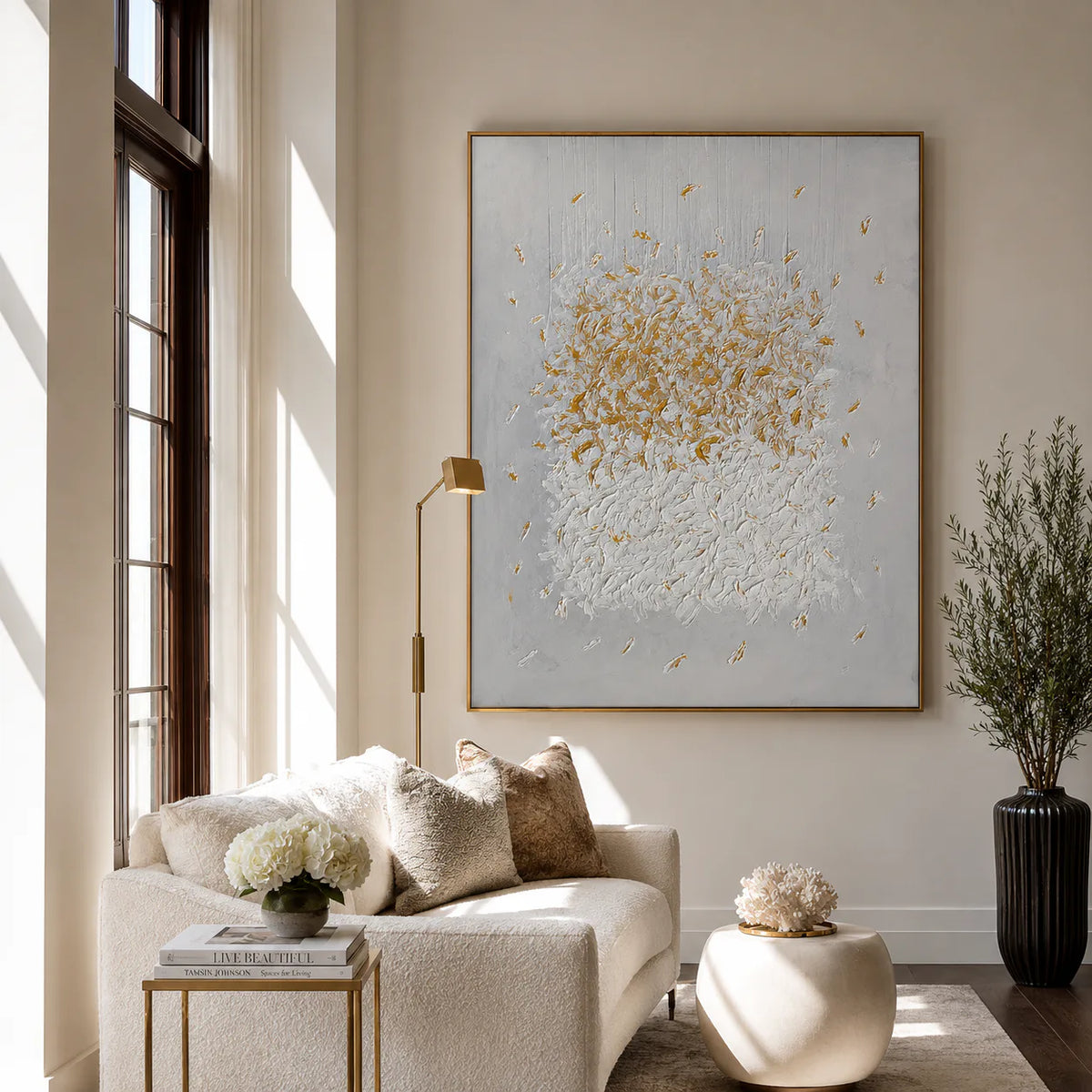 Gilded Bloom White Textured Wall Art styled interior scene 2 | Olyrel