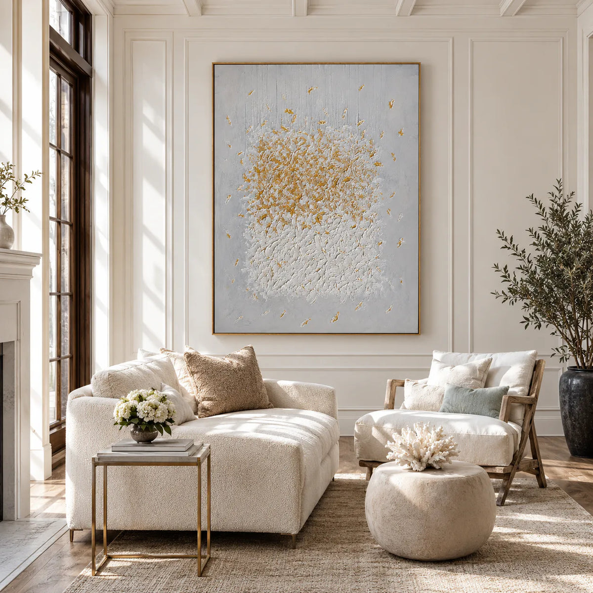 Gilded Bloom White Textured Wall Art styled interior scene 4 | Olyrel