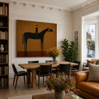 Still Horizon Black Horse Folk Wall Art styled interior scene 3 | Olyrel