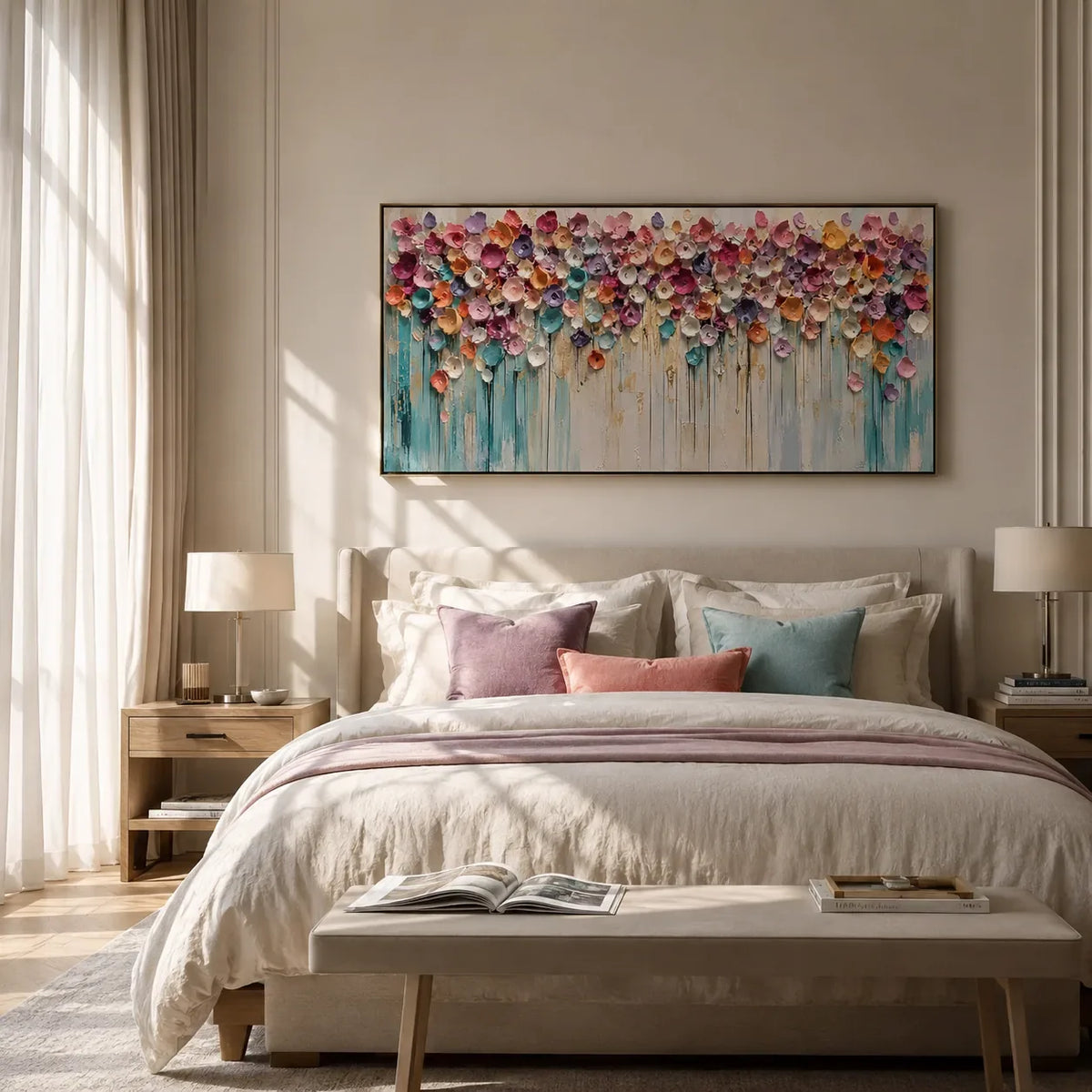 Bloom Cascade Floral Wall Art shown in a calm bedroom setting | Olyrel