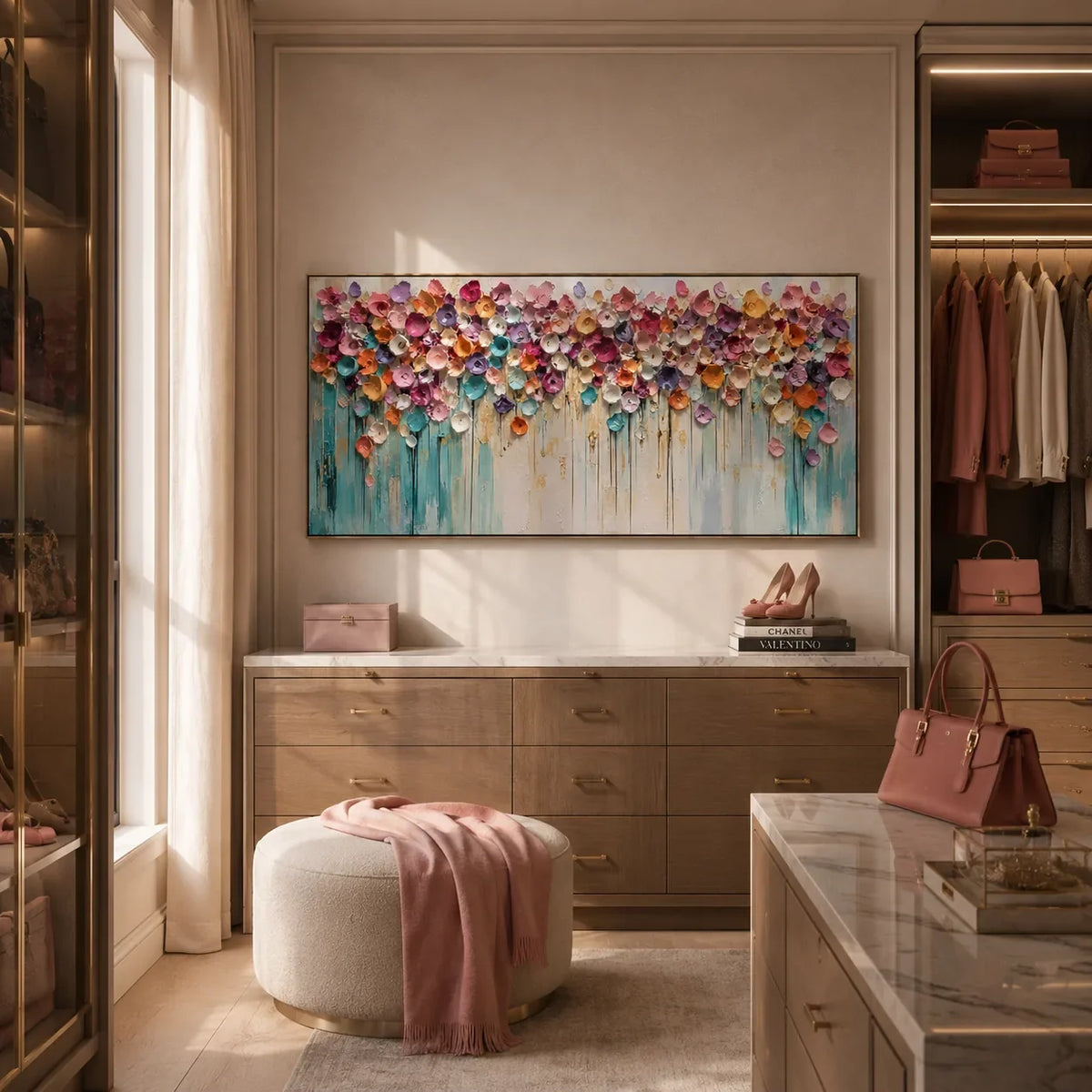 Bloom Cascade Floral Wall Art shown in a calm bedroom setting | Olyrel