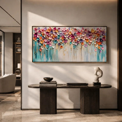 Bloom Cascade Floral Wall Art styled in a contemporary entryway | Olyrel