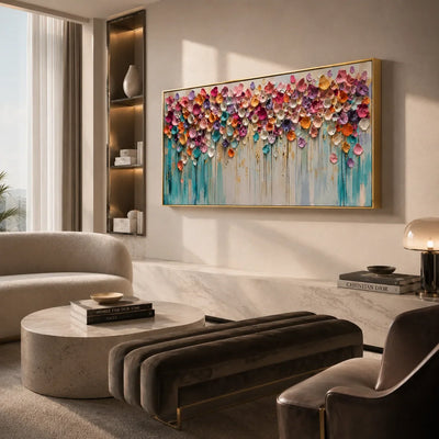 Bloom Cascade Floral Wall Art shown in a quiet home office | Olyrel