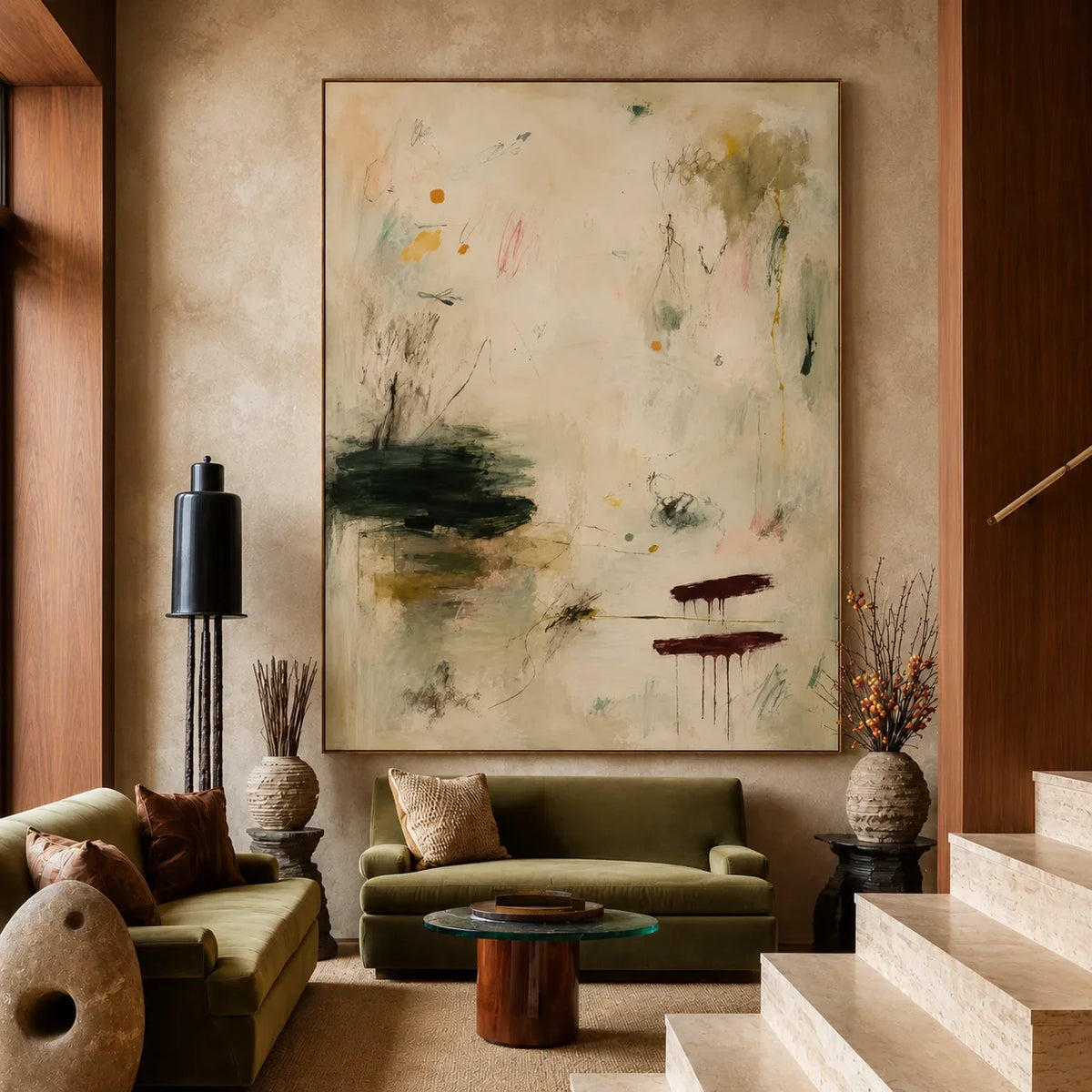 Quiet Garden Sage Abstract Wall Art styled interior scene 2 | Olyrel