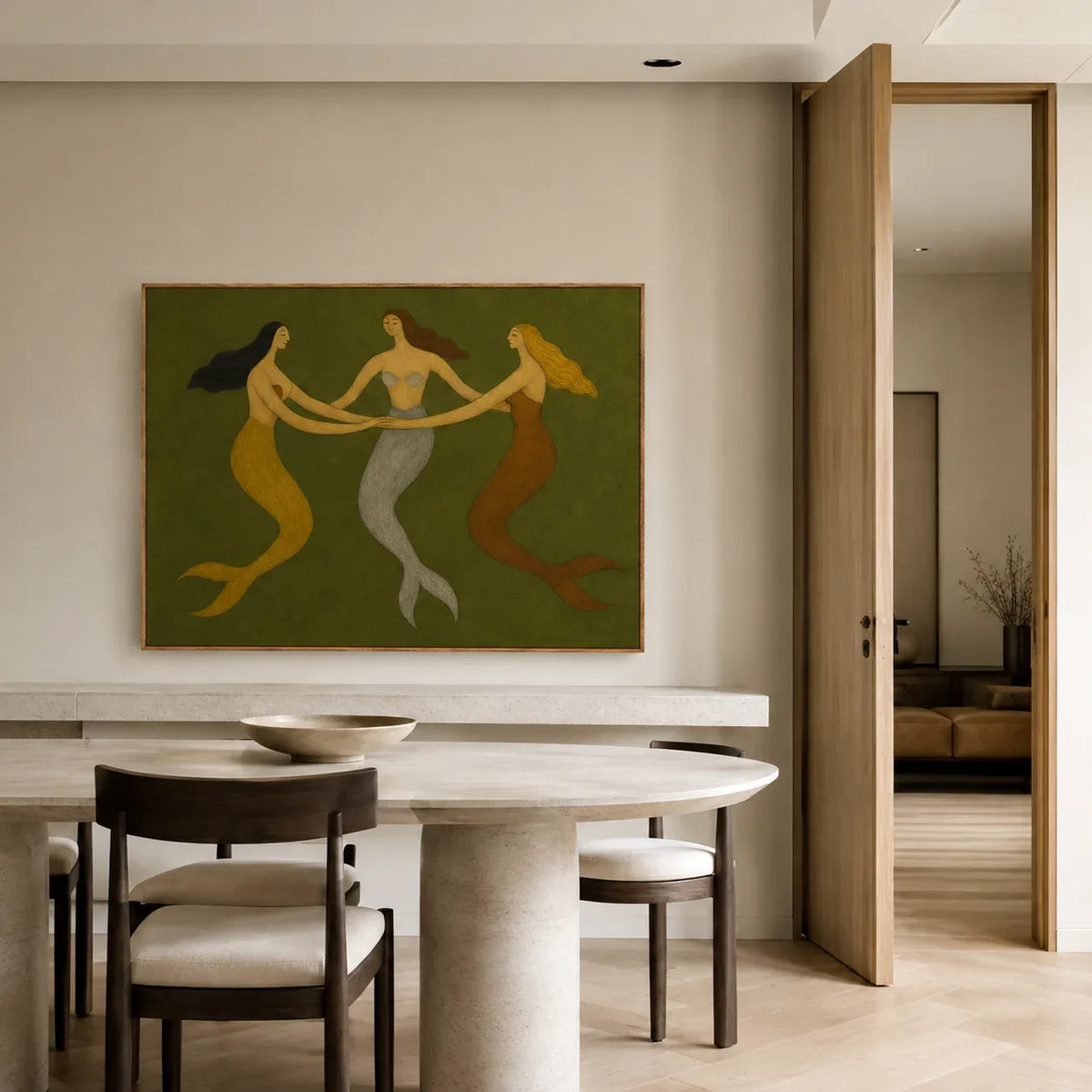 Three Graces Olive Folk Wall Art styled interior scene 2 | Olyrel