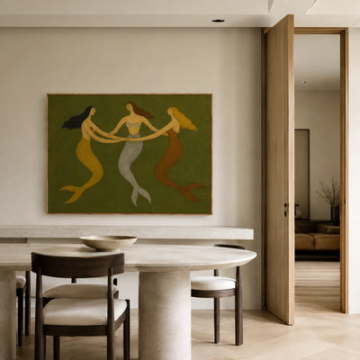 Three Graces Olive Folk Wall Art styled interior scene 2 | Olyrel
