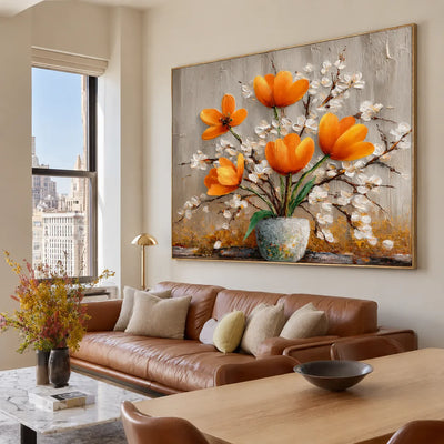 Amber Poppies Textured Floral Wall Art styled interior scene 1 | Olyrel