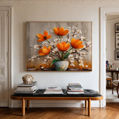 Amber Poppies Textured Floral Wall Art styled interior scene 2 | Olyrel
