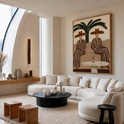 Palm Shade Conversation Folk Wall Art styled interior scene 2 | Olyrel